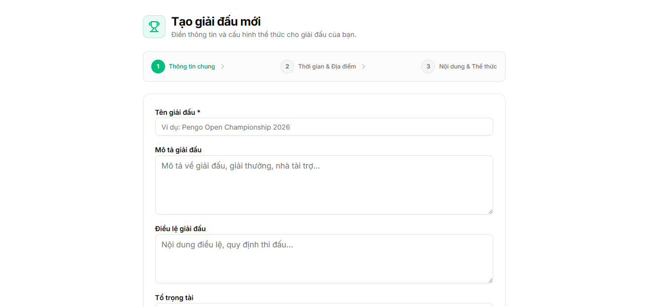 Form tạo giải đấu - Bước 1: Thông tin tổng quan