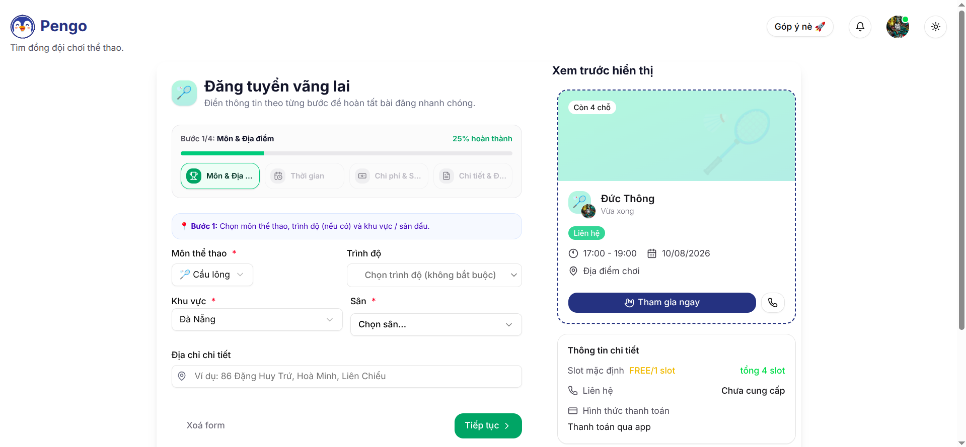 Form điền thông tin tạo trận đấu