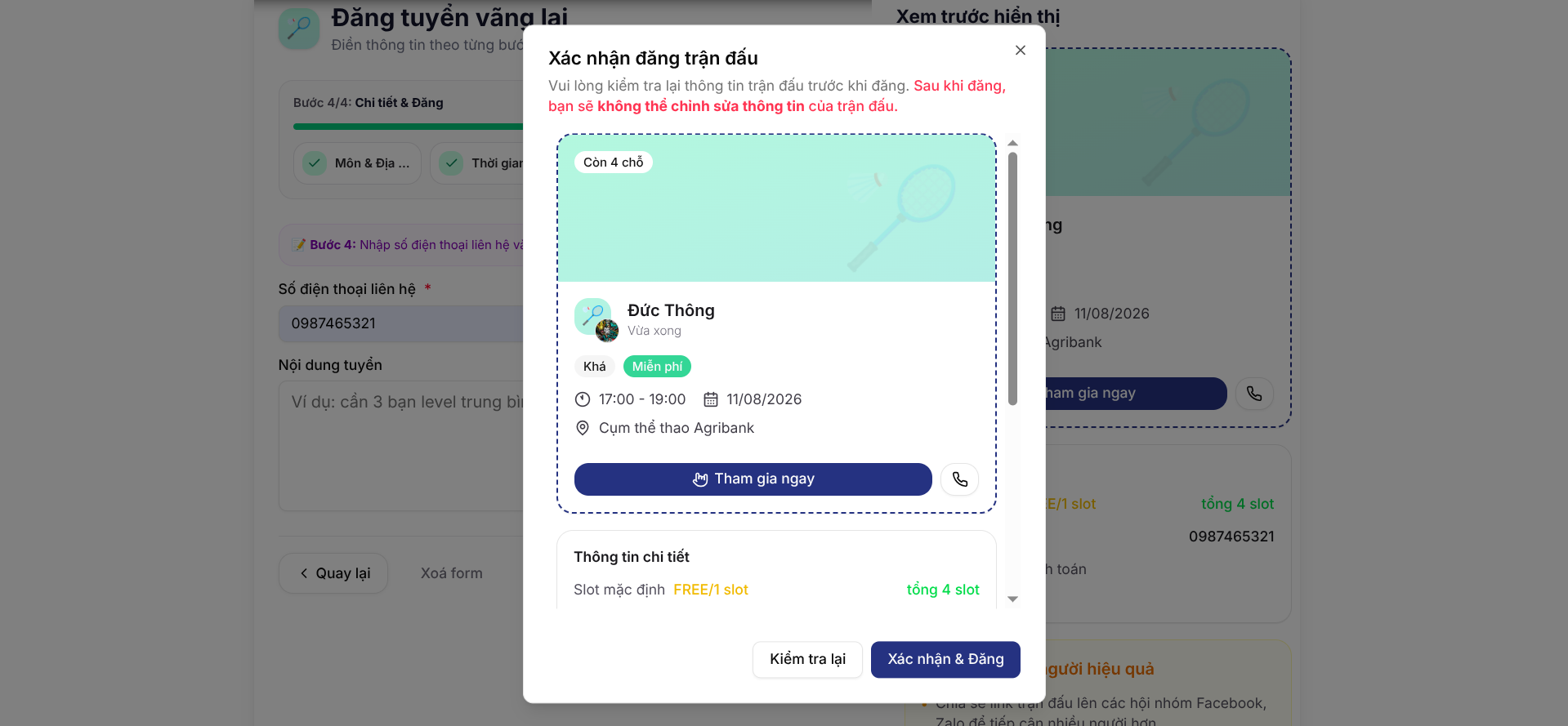 Xác nhận tạo trận đấu thành công